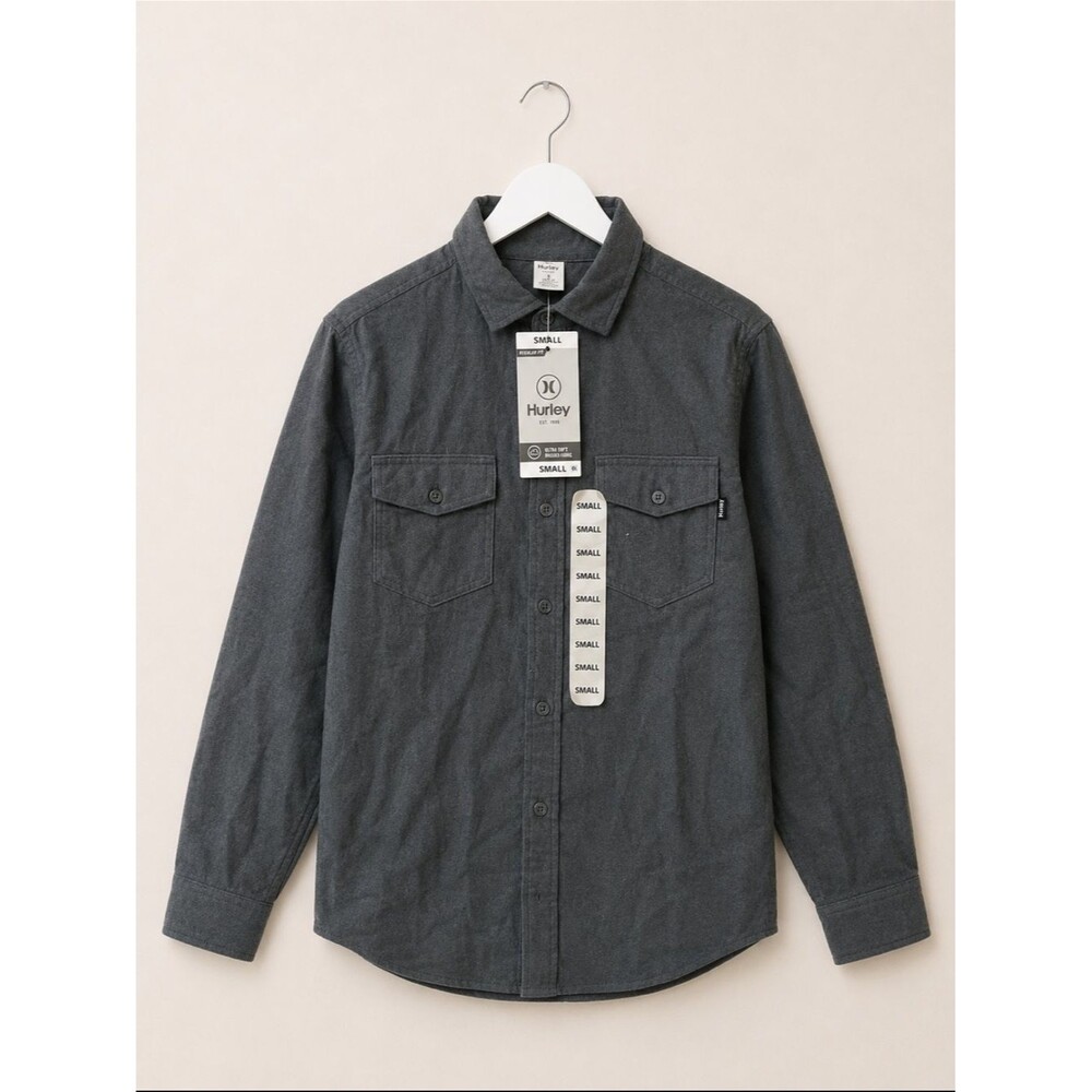 NWT Hurley Charcoal Brushed Flannel Shirt Mens S Regular Fit Button Down Pockets